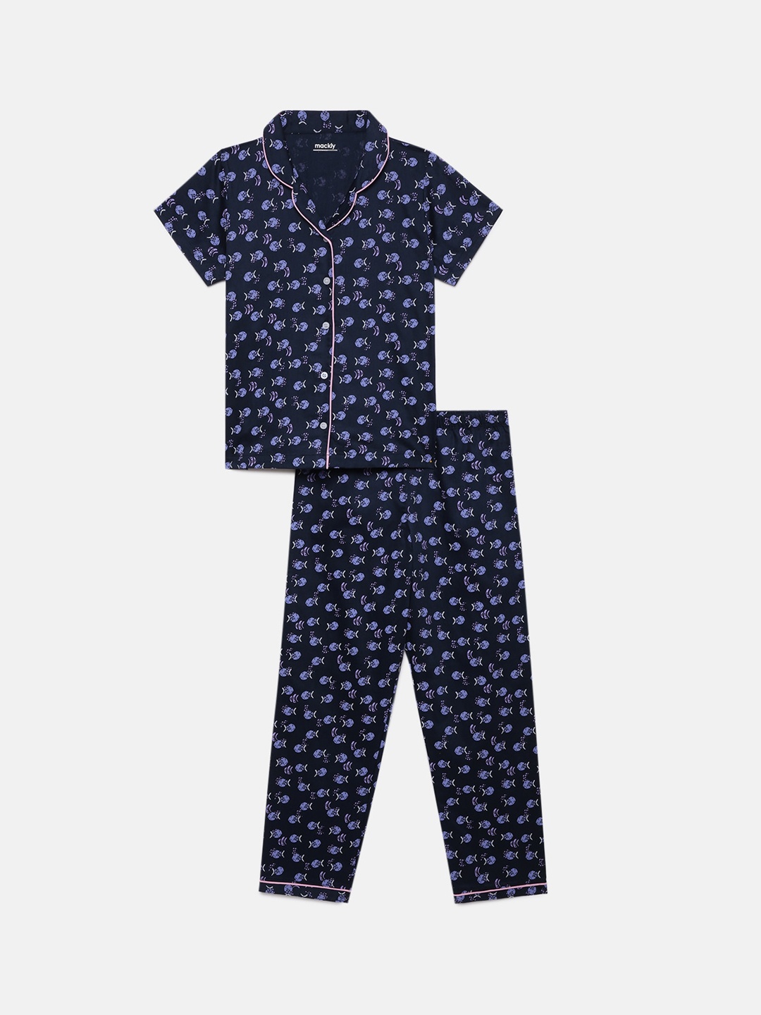 

mackly Girls Graphic Printed Pure Cotton Night suit, Navy blue