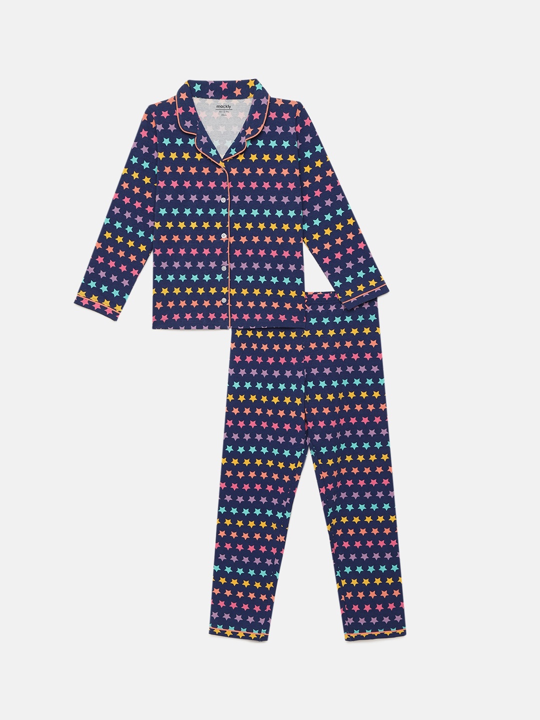 

mackly Girls Conversational Printed Lapel Collar Night suit, Navy blue