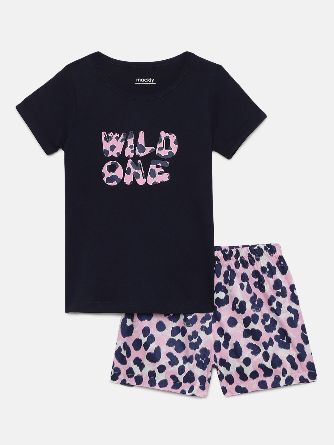

mackly Girls Animal Printed Pure Cotton T-Shirts With Shorts, Navy blue