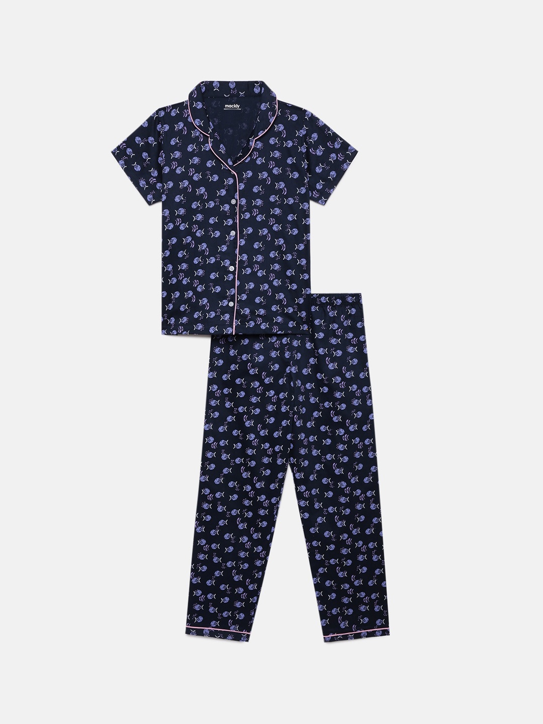 

mackly Girls Conversational Printed Pure Cotton Night suit, Navy blue