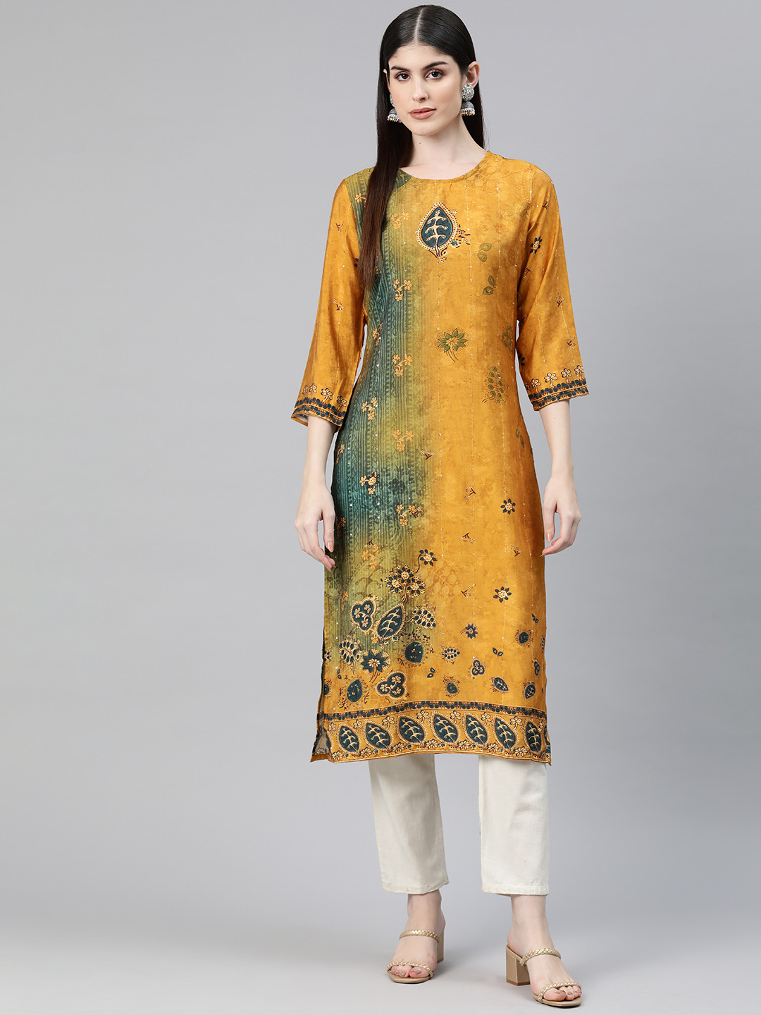 

Readiprint Women Floral Printed Sequinned Kurta, Mustard