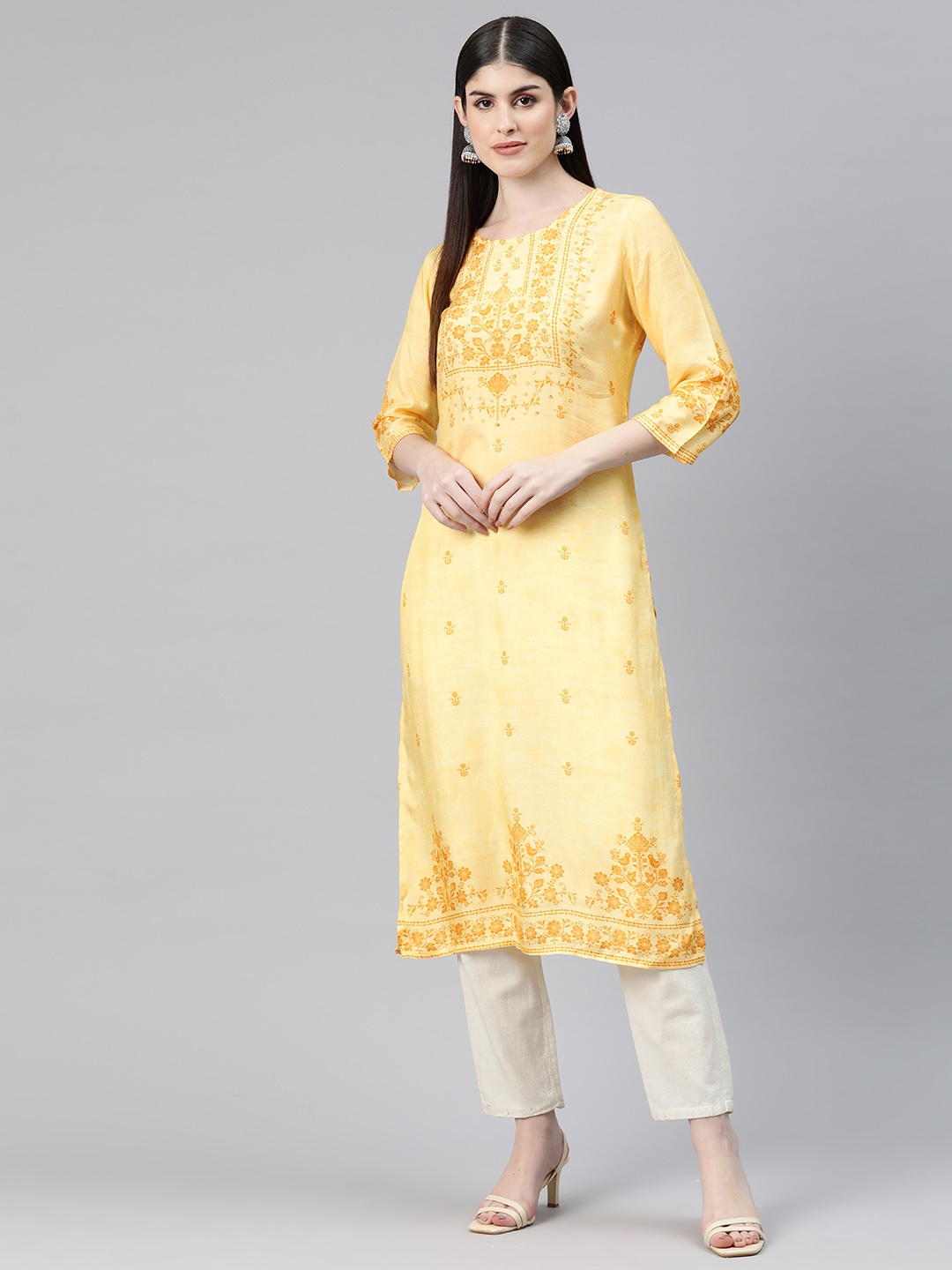 

Readiprint Women Floral Printed Sequinned Kurta, Yellow