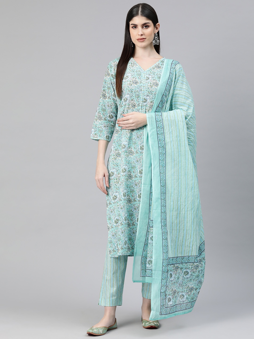 

Readiprint Fashions Women Floral Printed Sequinned Cotton Kurta with Palazzos & Dupatta, Turquoise blue
