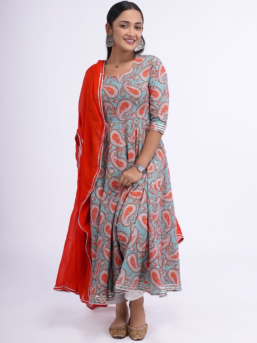 

Desi Weavess Paisley Printed Empire Gotta Patti Pure Cotton Kurta with Trousers & Dupatta, Orange