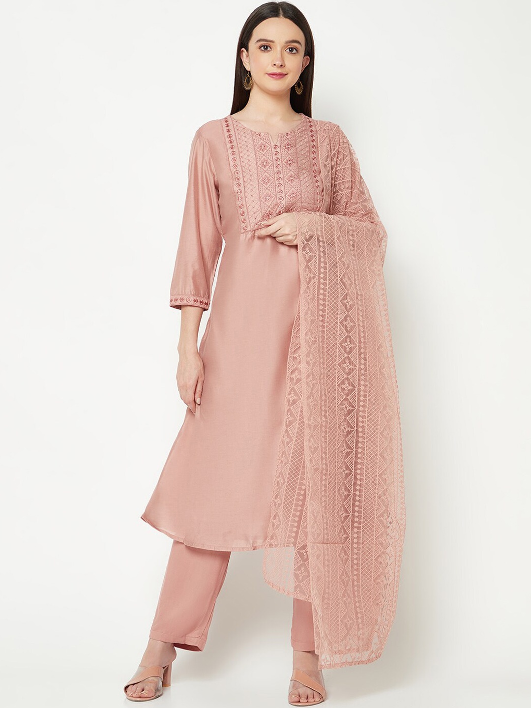 

IMARA Women Embroidered Chanderi Cotton A-Line Kurta With Trousers & With Dupatta, Pink
