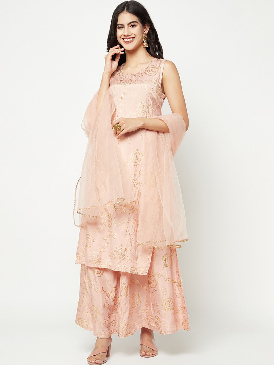 

IMARA Floral Printed Straight Kurta With Trousers & Dupatta, Peach
