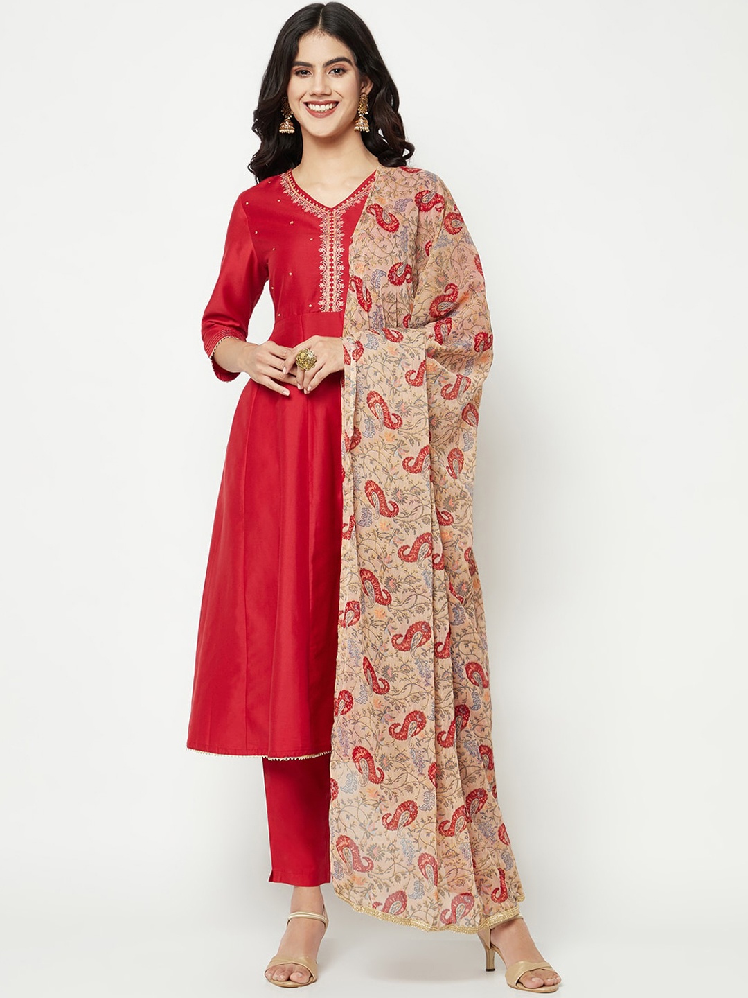

IMARA Embroidered Gotta Patti Anarkali Kurta With Trousers & Dupatta, Maroon