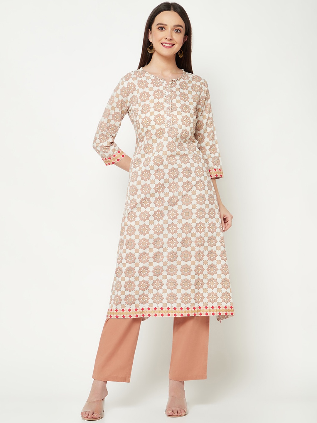 

IMARA Floral Printed Notched Neck Straight Pure Cotton Kurta With Trousers, Beige
