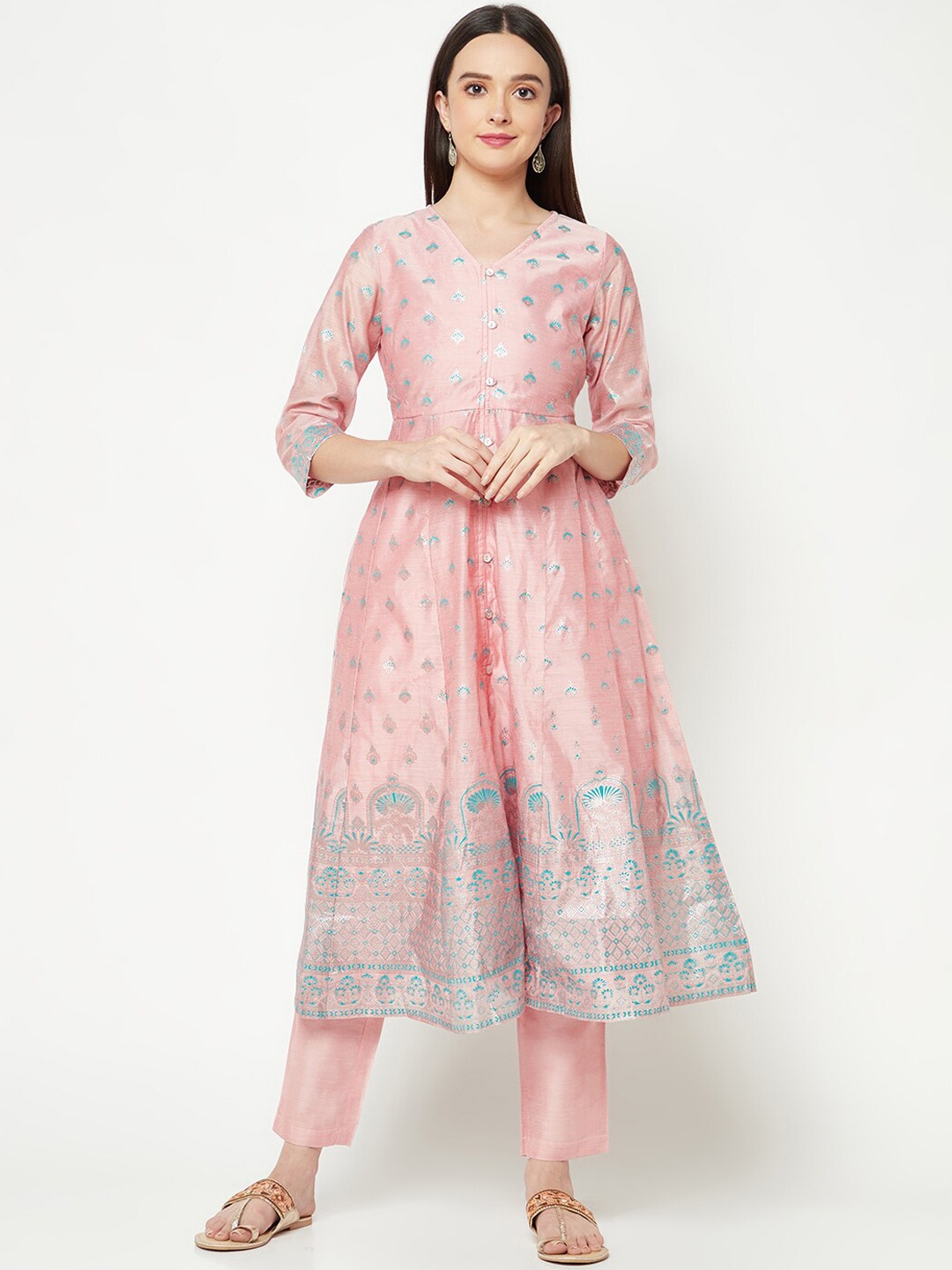 

IMARA Floral Printed Chanderi Cotton Anarkali Kurta With Trousers, Pink