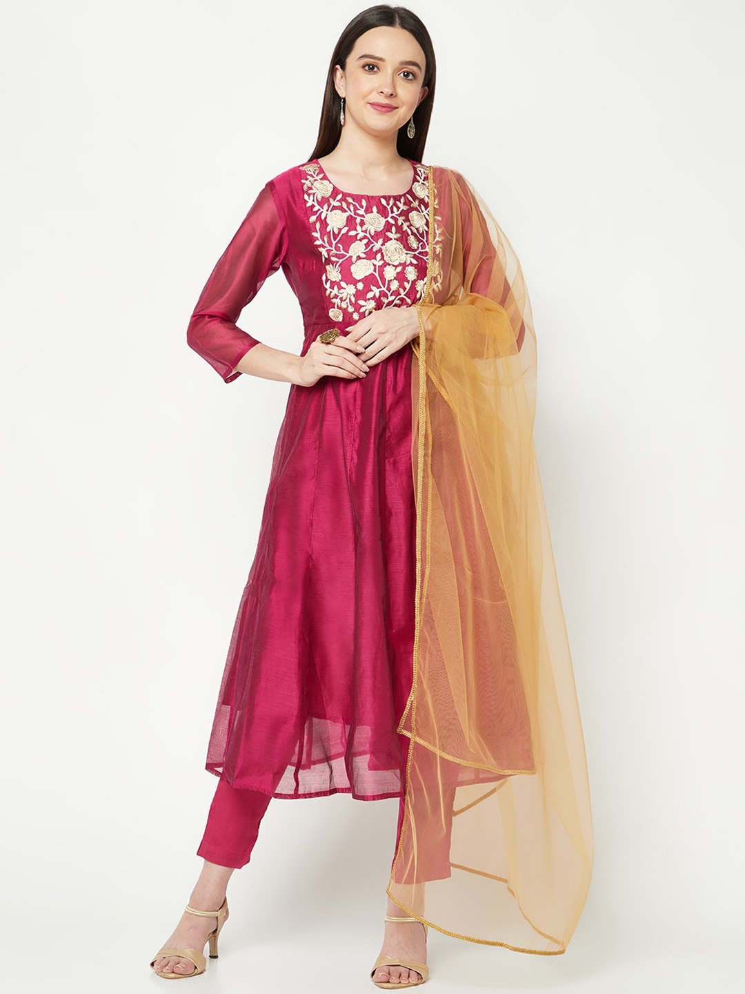 

IMARA Floral Embroidered Chanderi Cotton Kurta with Trousers & Dupatta, Pink