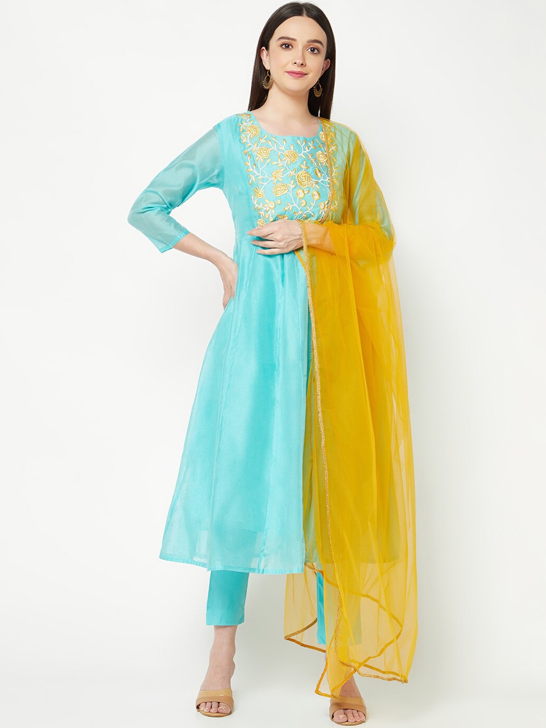 

IMARA Floral Embroidered Chanderi Cotton Kurta With Trousers & Dupatta, Blue