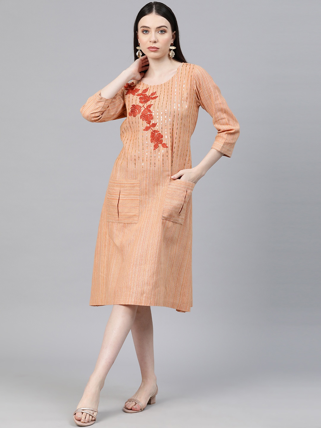 

Cottinfab Embellished Floral A-Line Midi Dress, Peach