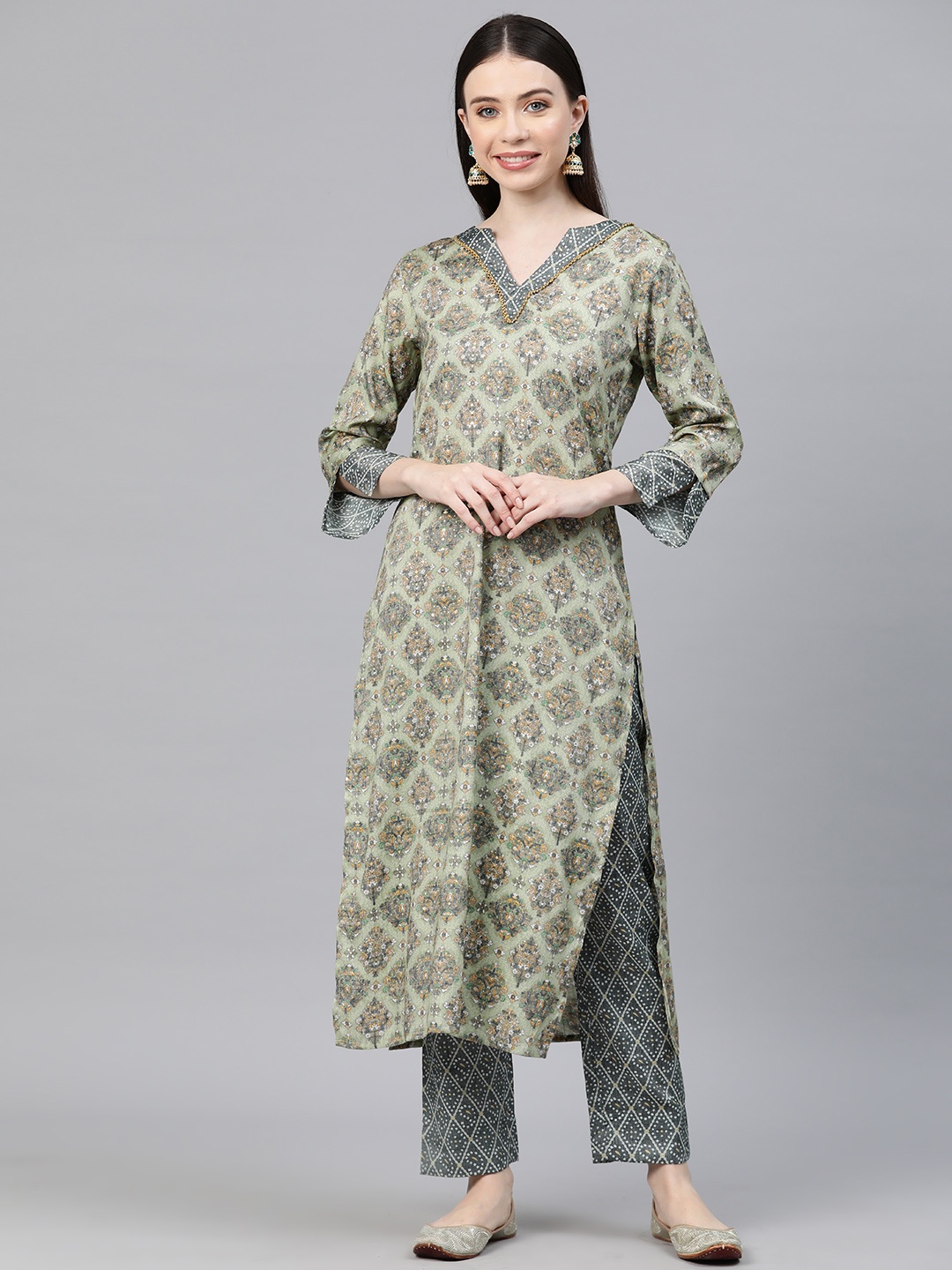 

Cottinfab Ethnic Motifs Printed Regular Beads & Stones Kurta with Trousers, Green