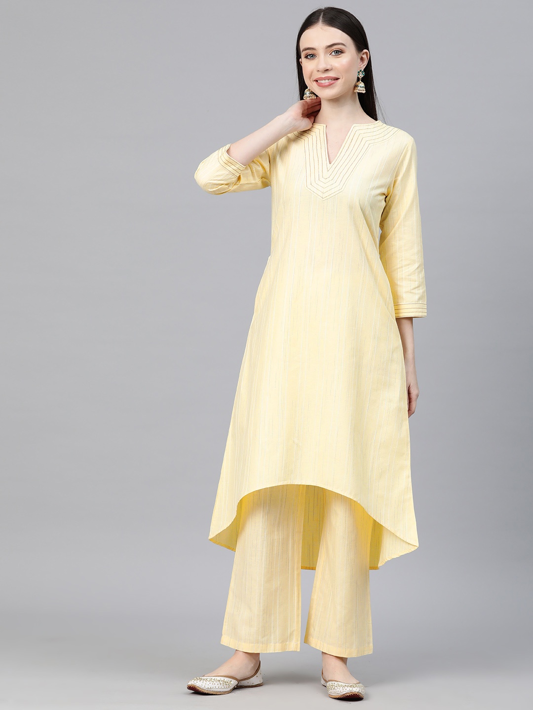 

Cottinfab Striped Regular Thread Work Pure Cotton Kurta with Trousers, Yellow