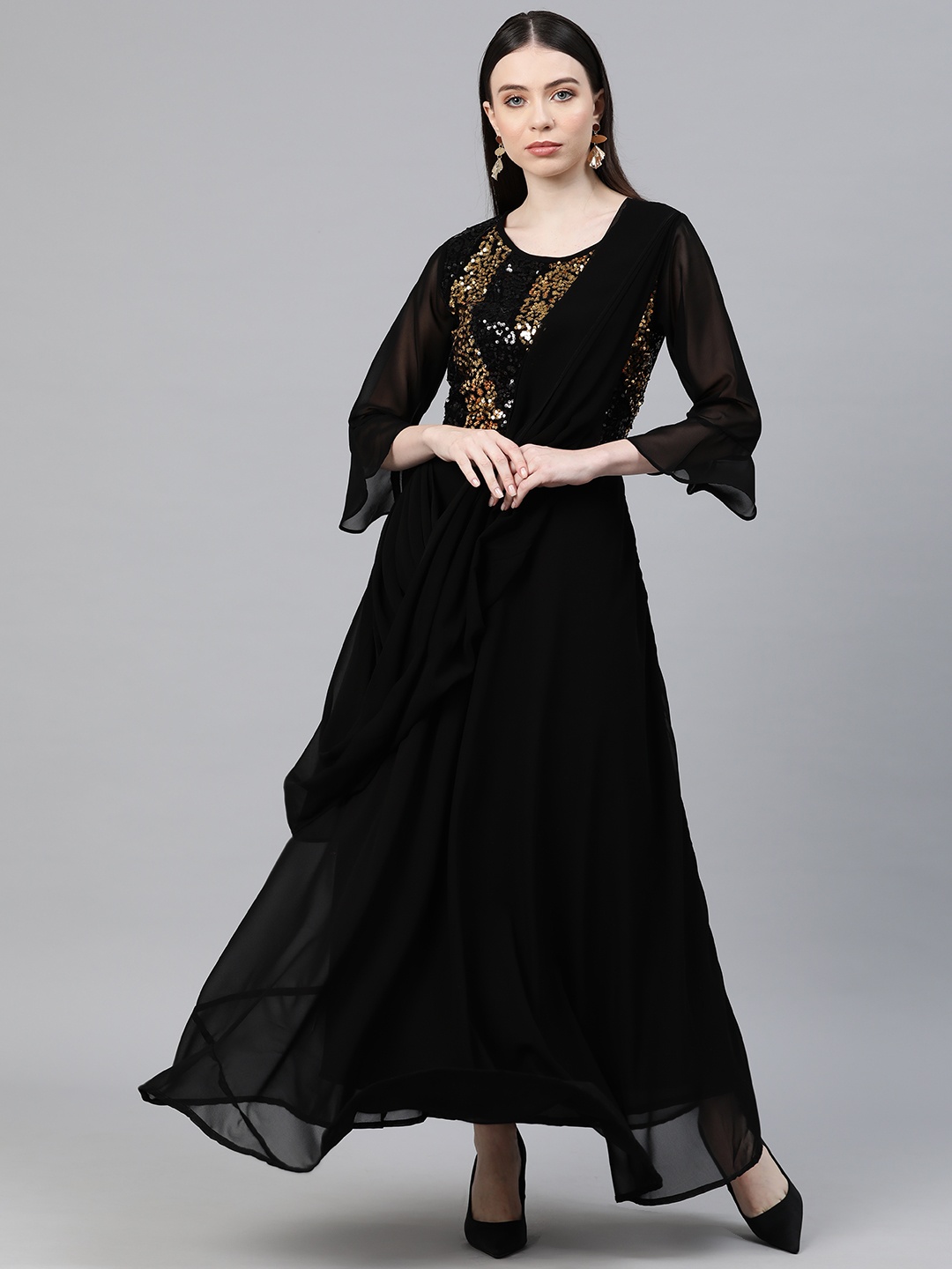 

Cottinfab Embellished Bell Sleeves Layered Georgette A-Line Maxi Dress, Black