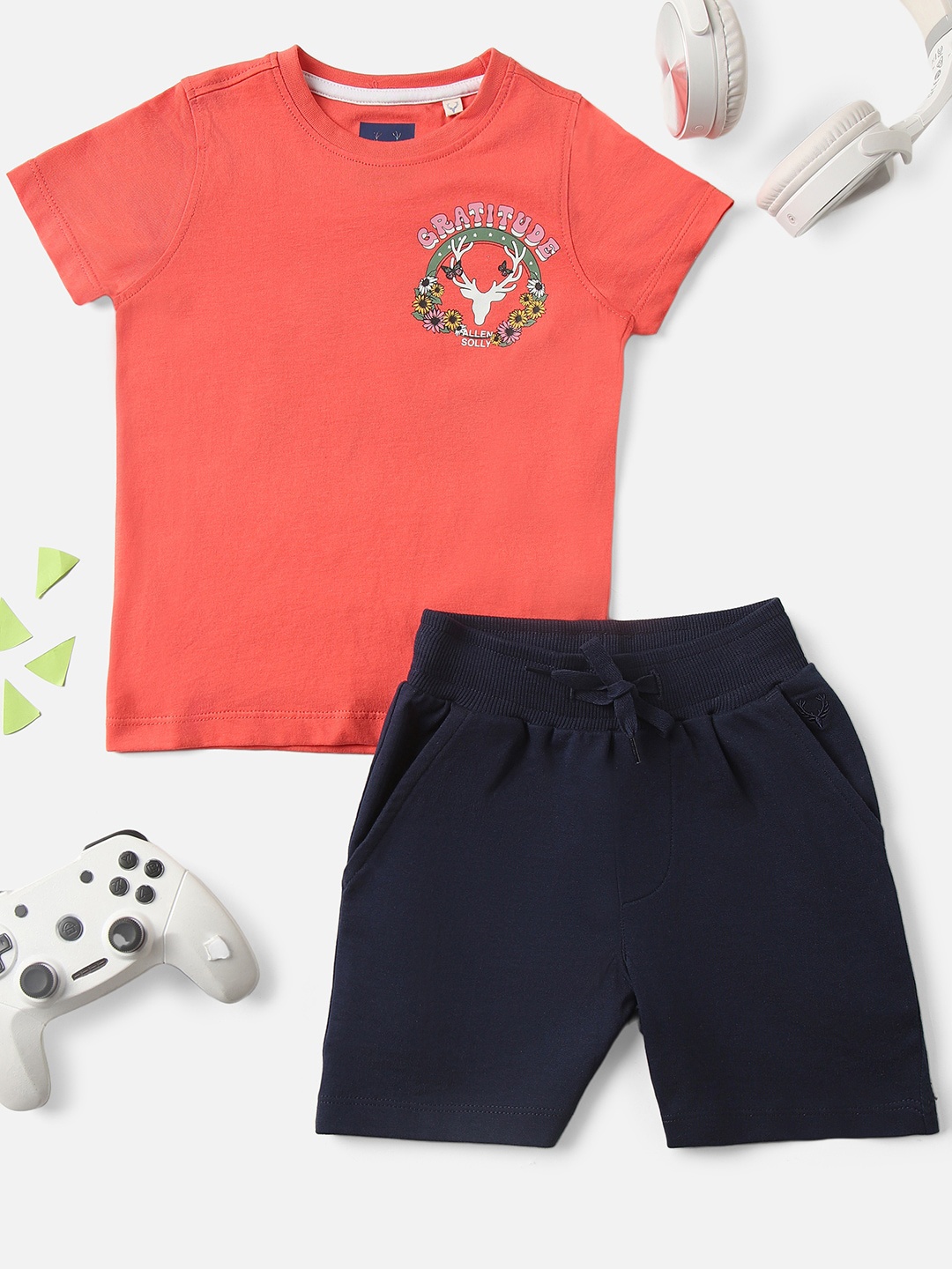 Allen Solly Junior Boys Printed Pure Cotton T-shirt With Shorts, Orange