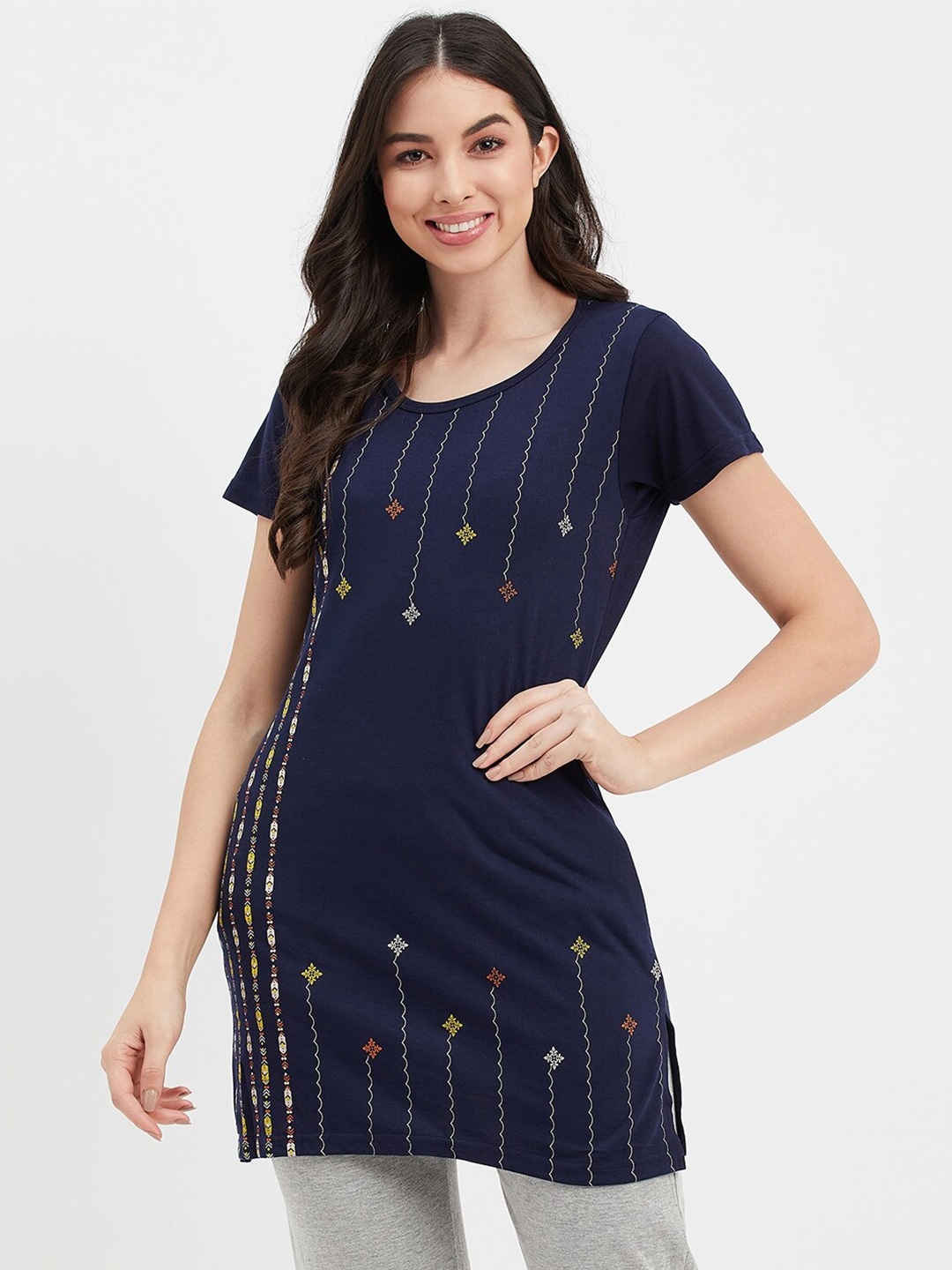 

VERO AMORE Printed Round Neck Cotton Lounge T-shirt, Navy blue
