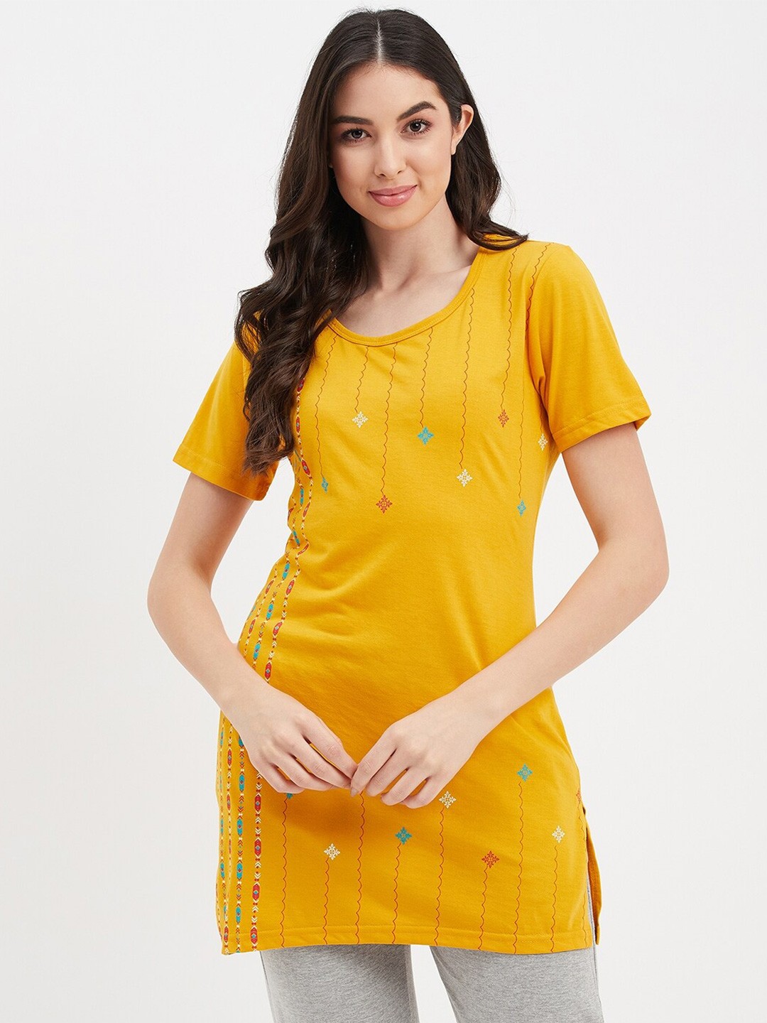 

VERO AMORE Printed Round Neck Cotton Lounge T-shirt, Mustard