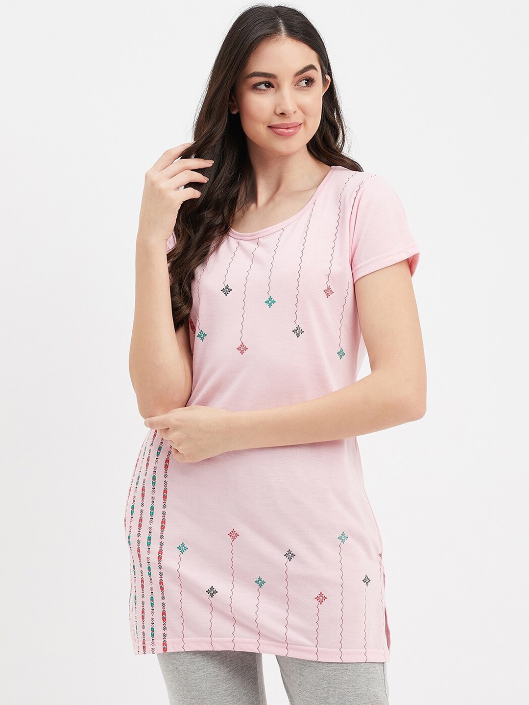 

VERO AMORE Printed Round Neck Cotton Lounge T-shirt, Pink