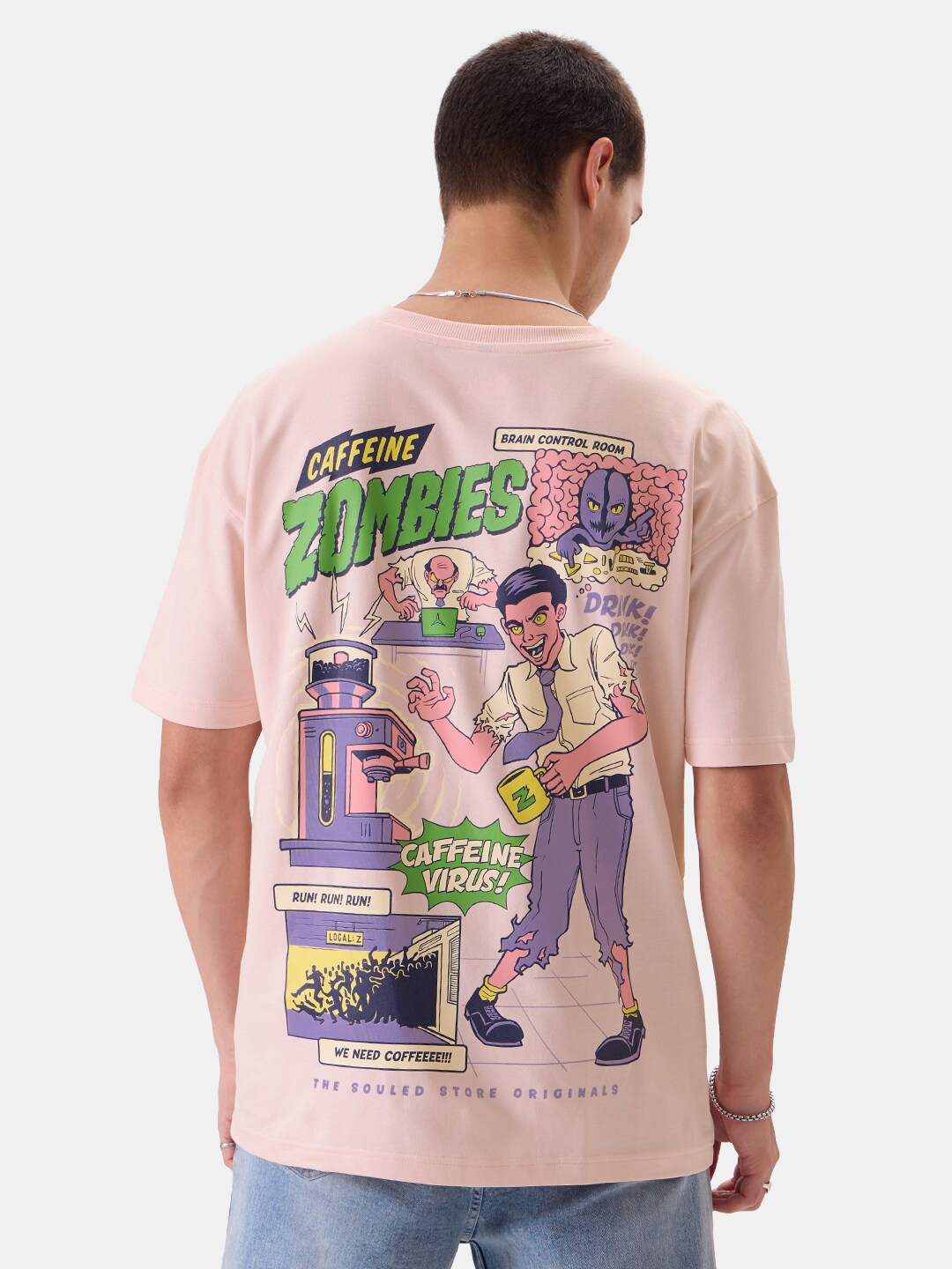 

The Souled Store Caffeine Zombies Printed Oversized Pure Cotton T-shirt, Pink