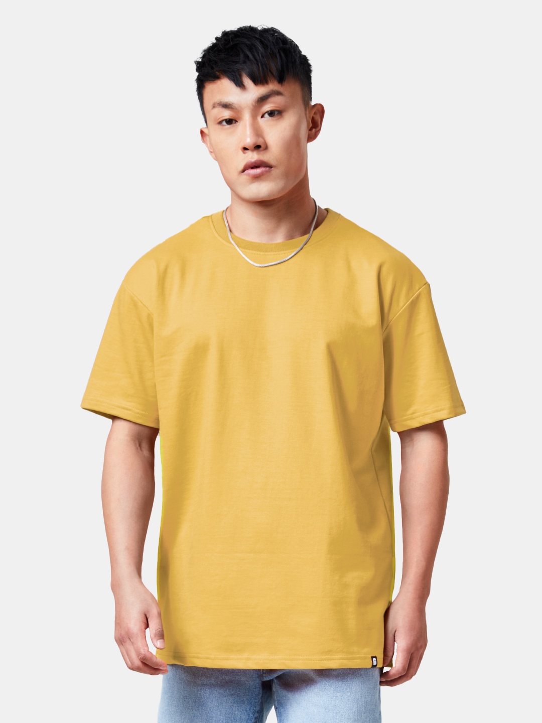 

The Souled Store Mustard Drop Shoulder Sleeves Oversized Pure Cotton T-shirt