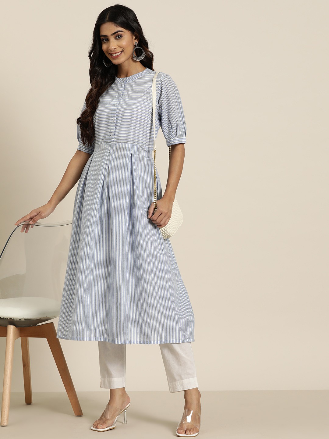 

HERE&NOW Women Striped Cotton Kurta, Blue