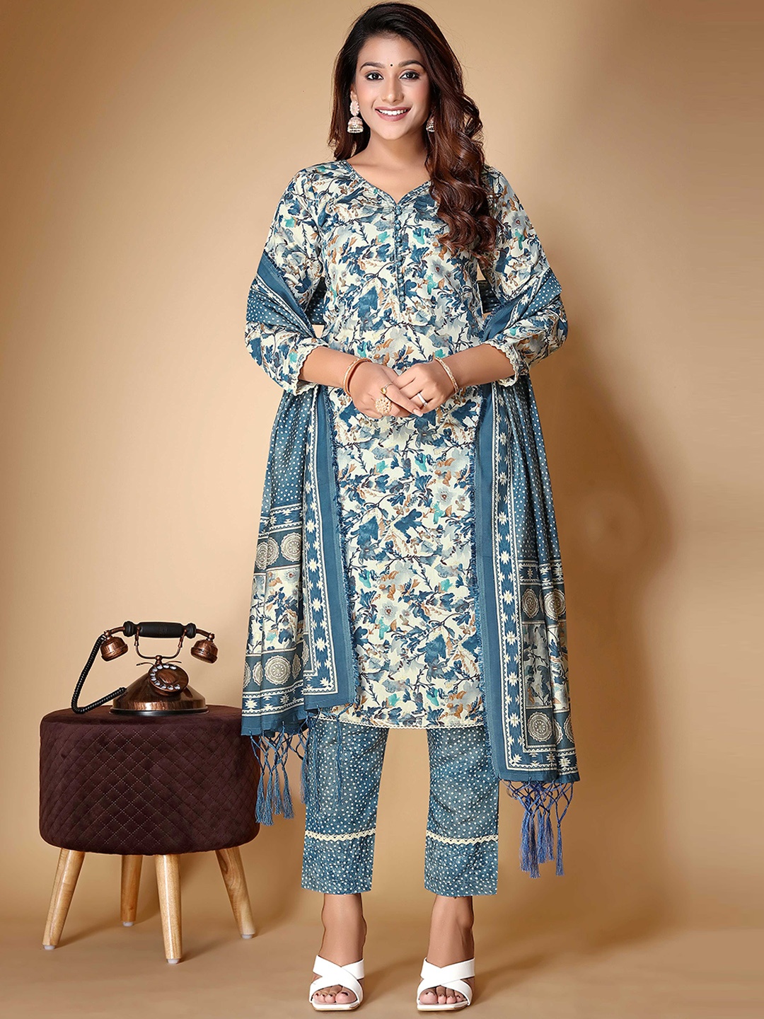 

Vidraa Western Store Floral Printed Chanderi Cotton Kurta With Trousers & Dupatta, Blue