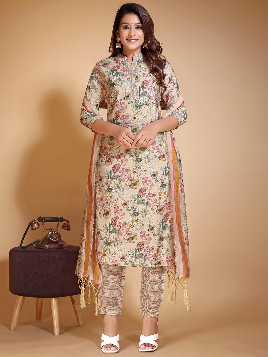 

Vidraa Western Store Floral Printed Chanderi Cotton Kurti With Trousers & Dupatta, Beige
