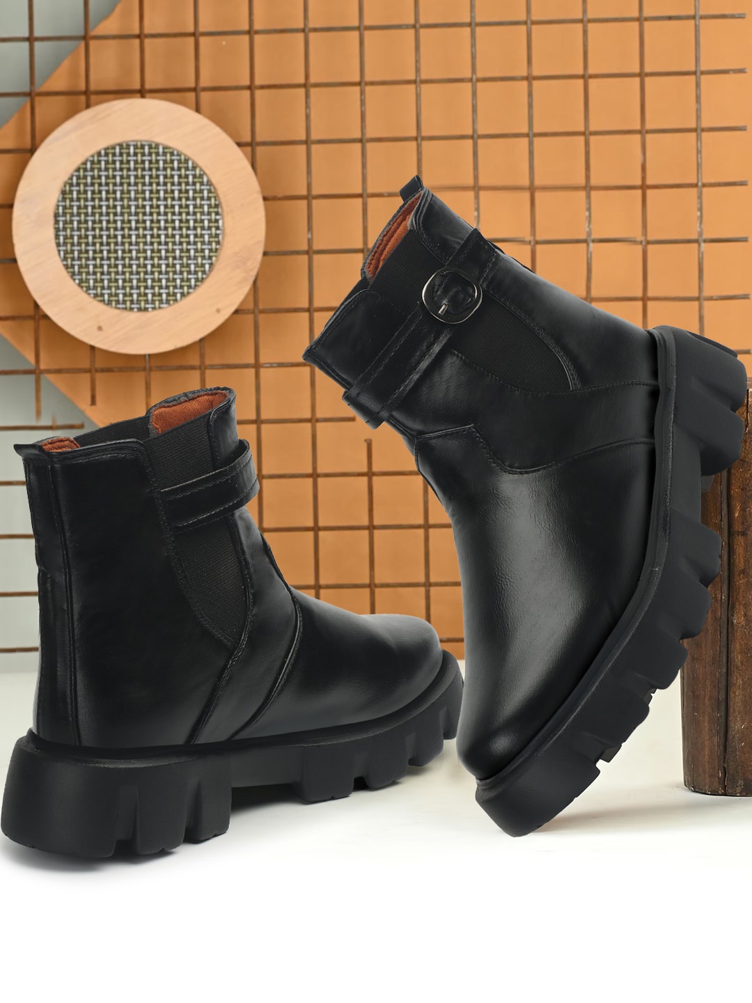 

FASHIMO Mid-Top Leather Chelsea Boots, Black