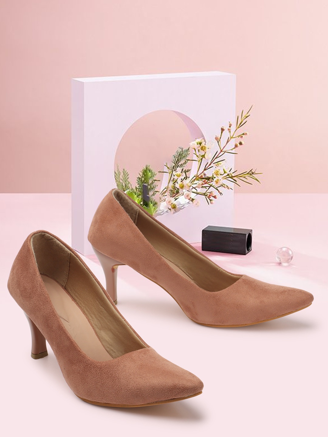 

FASHIMO Pointed Toe Leather Kitten Heel Pumps, Peach