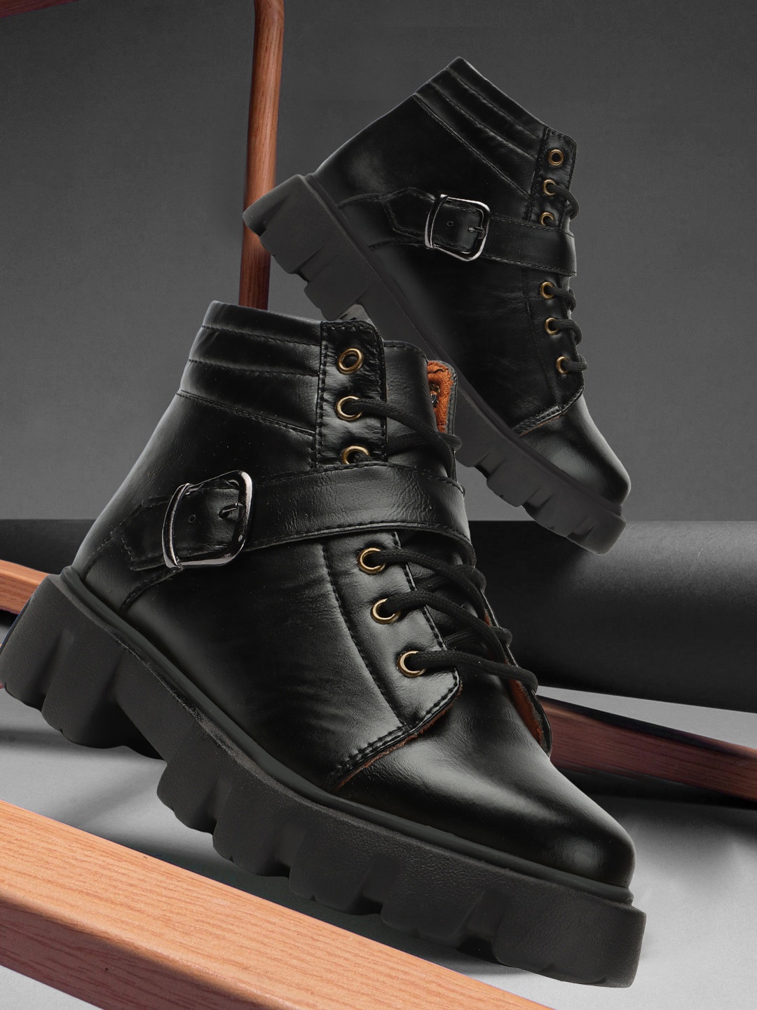 

FASHIMO Women Leather Mid-Top Sneakers, Black