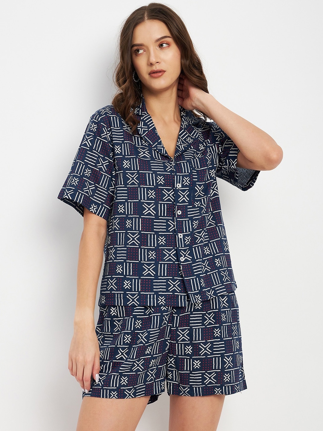 

DELAN Printed Shirt with Shorts, Navy blue