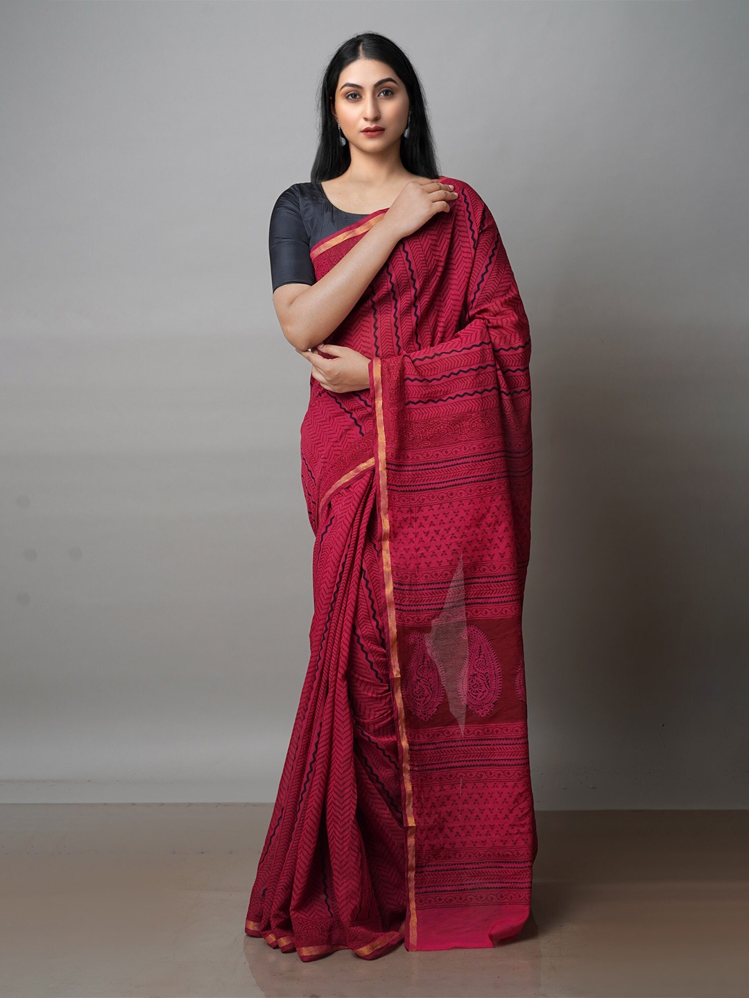 

Unnati Silks Bagh Printed Cotton Chanderi Saree, Red