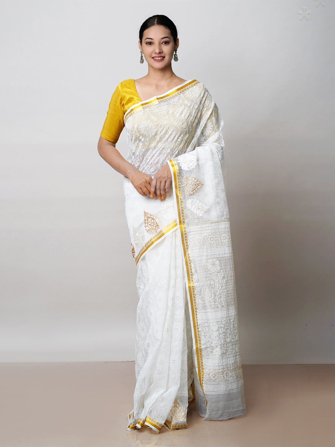 

Unnati Silks Ethnic Motifs Printed Silk Cotton Kota Saree, Off white