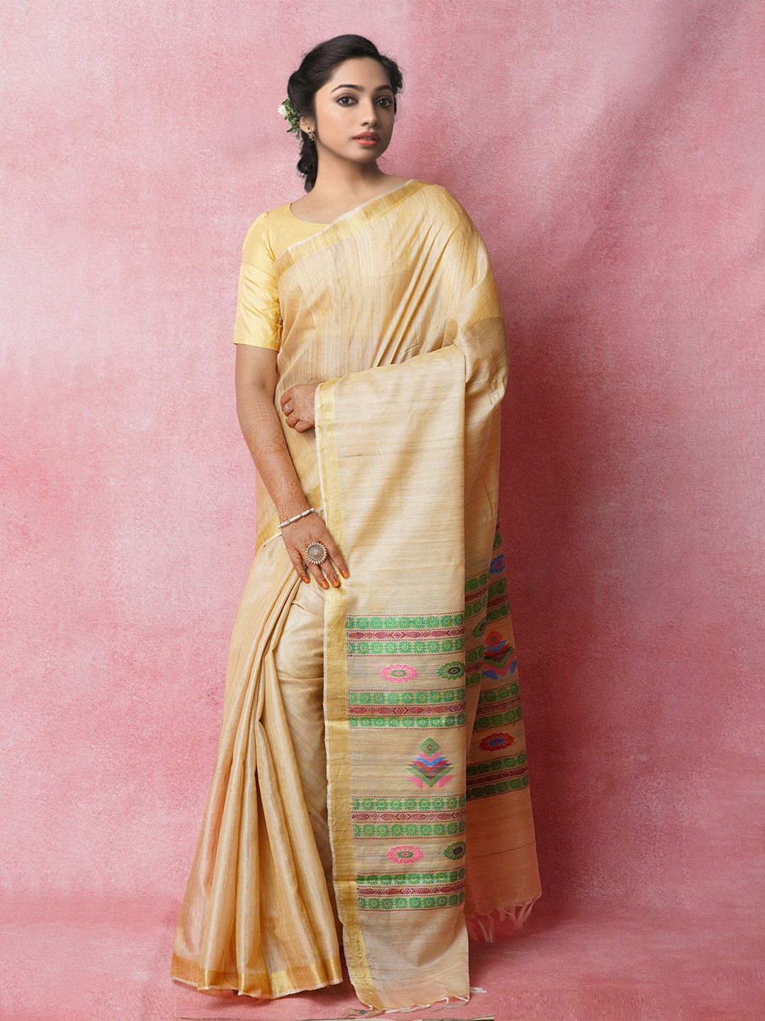 

Unnati Silks Zari Jute Silk Tussar Handloom Saree, Cream