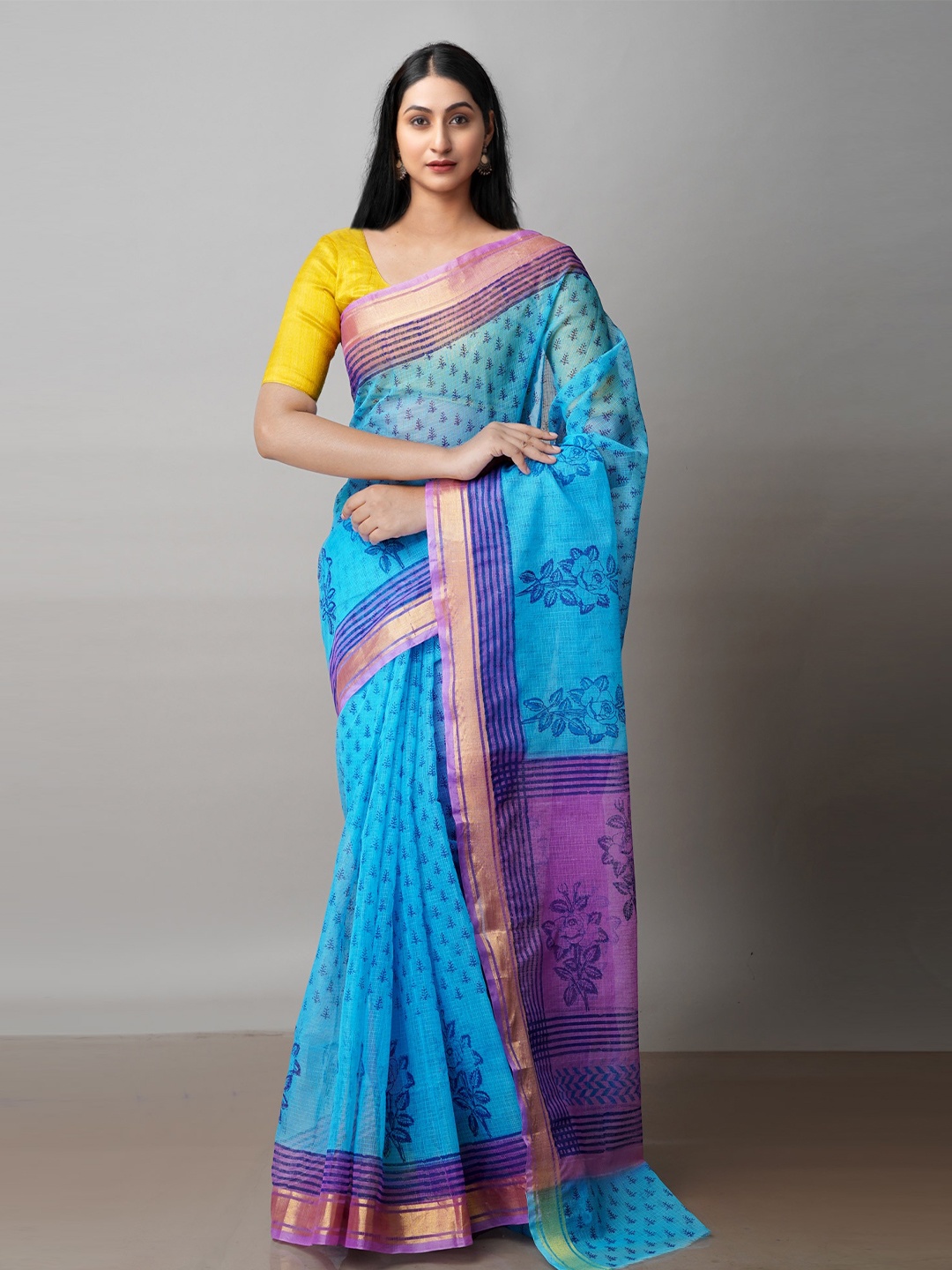 

Unnati Silks Floral Block Printed Pure Cotton Kota Saree, Blue