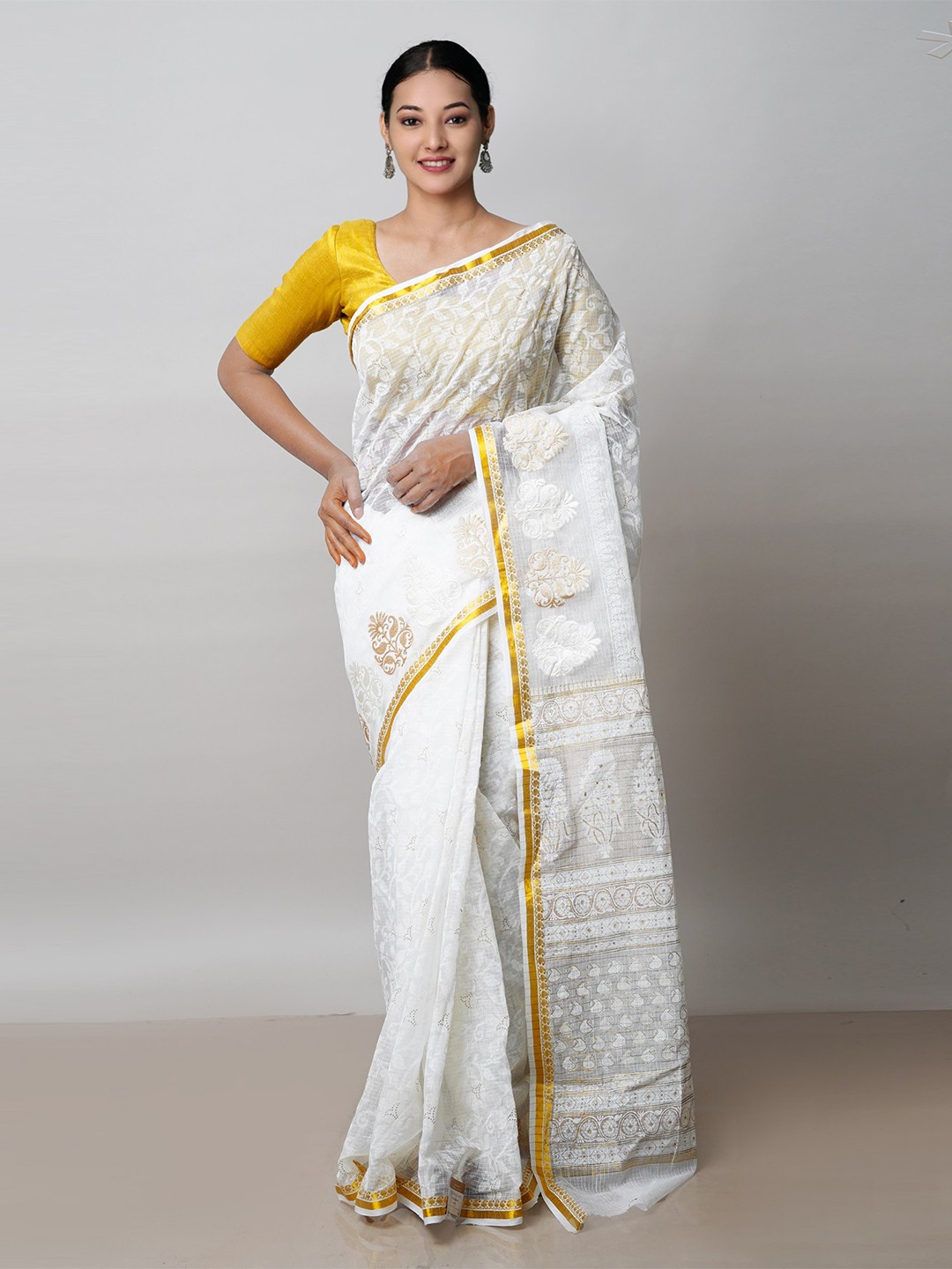 

Unnati Silks Ethnic Motifs Embroidered Zari Silk Cotton Kota Saree, Off white