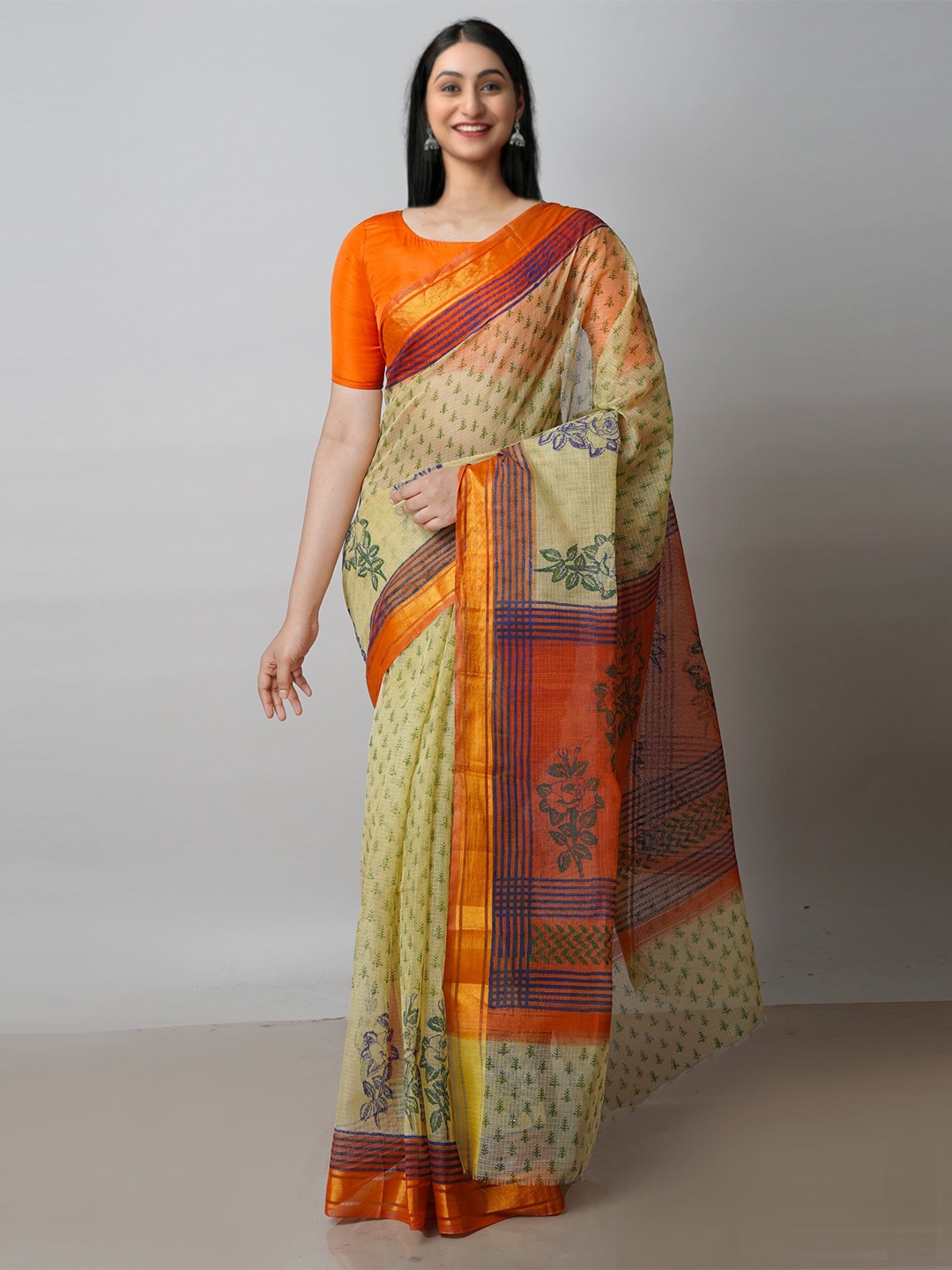 

Unnati Silks Ethnic Motifs Block Printed Pure Cotton Handloom Kota Saree, Beige