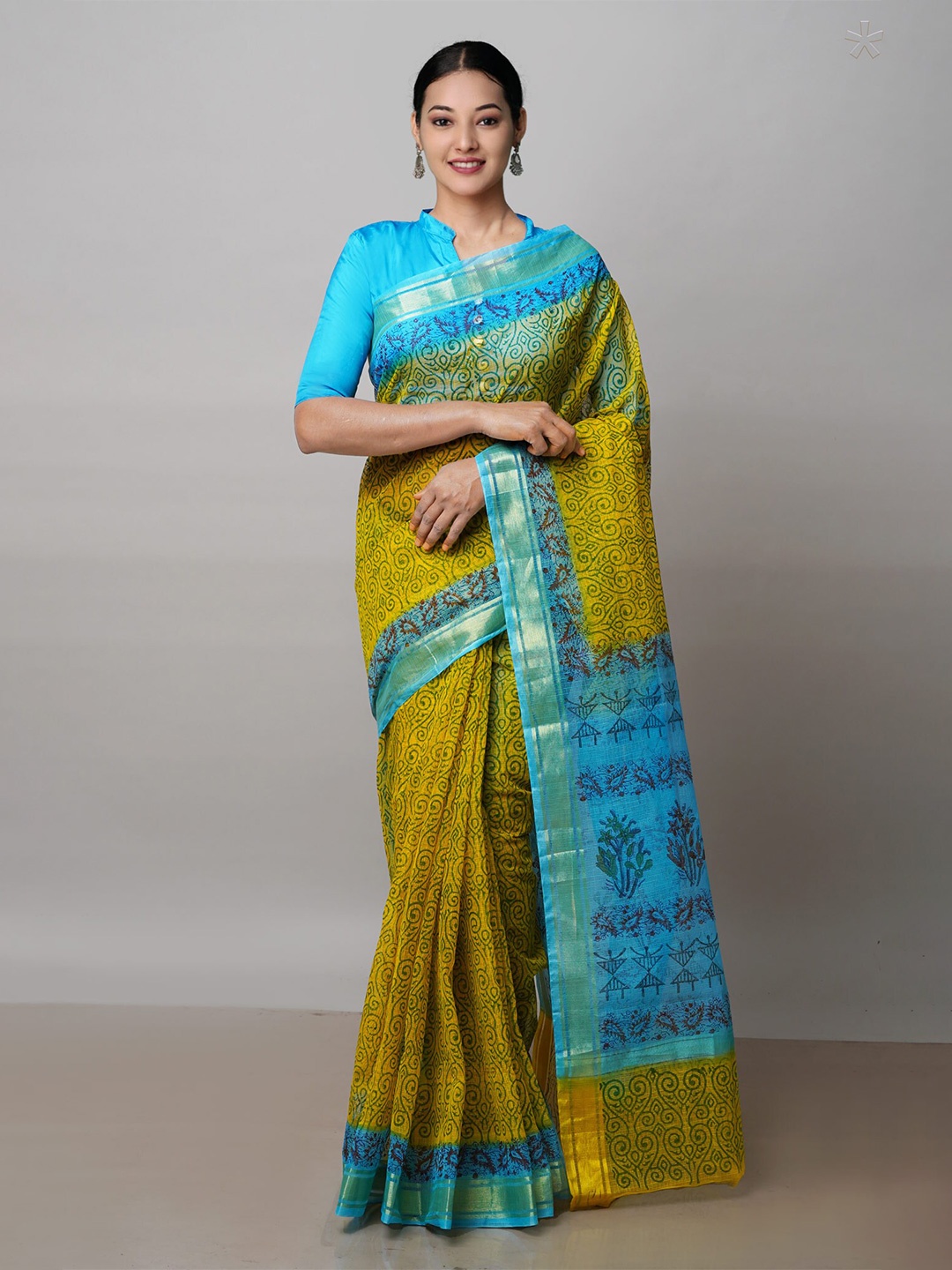 

Unnati Silks Ethnic Motifs Block Printed Pure Cotton Handloom Kota Saree, Yellow