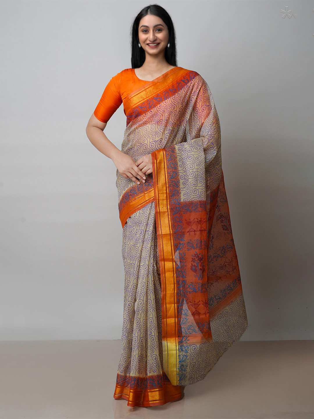 

Unnati Silks Ethnic Motifs Block Printed Pure Cotton Kota Saree, Beige