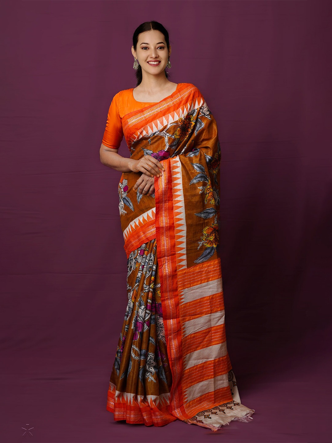 

Unnati Silks Floral Kalamkari Printed Zari Tussar Saree, Brown