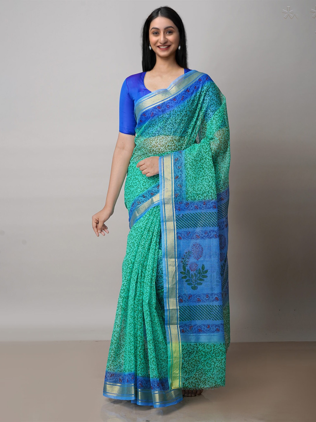 

Unnati Silks Floral Block Printed Pure Cotton Kota Saree, Green