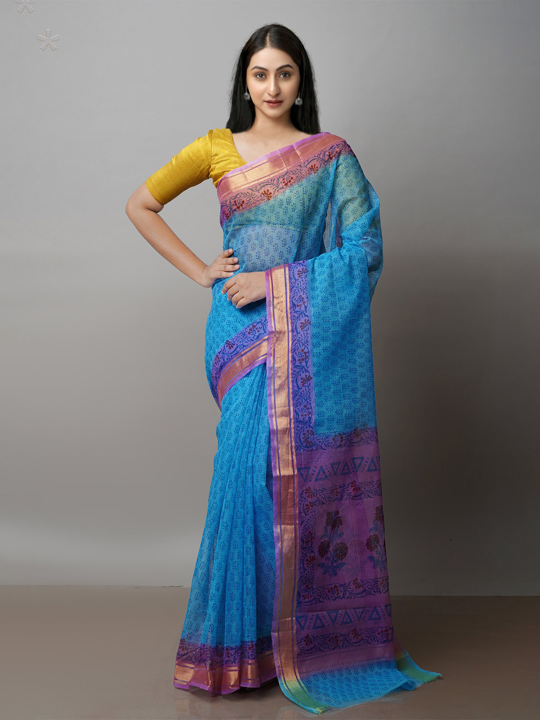 

Unnati Silks Ethnic Motifs Printed Zari Pure Cotton Handloom Kota Saree, Blue