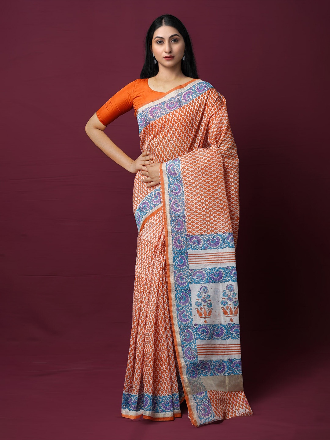 

Unnati Silks Ethnic Motifs Printed Zari Silk Cotton Chanderi Saree, Orange