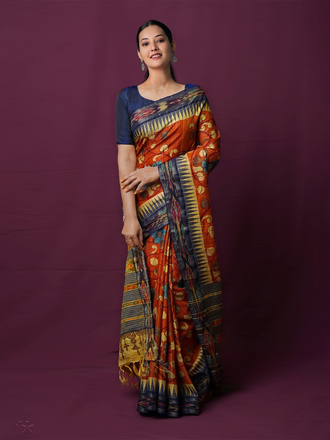

Unnati Silks Kalamkari Zari Jute Silk Kanjeevaram Handloom Saree, Orange