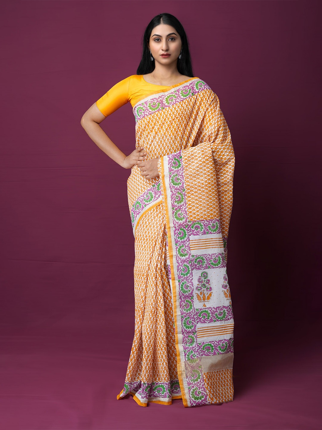 

Unnati Silks Ethnic Motifs Printed Zari Silk Cotton Chanderi Saree, Orange