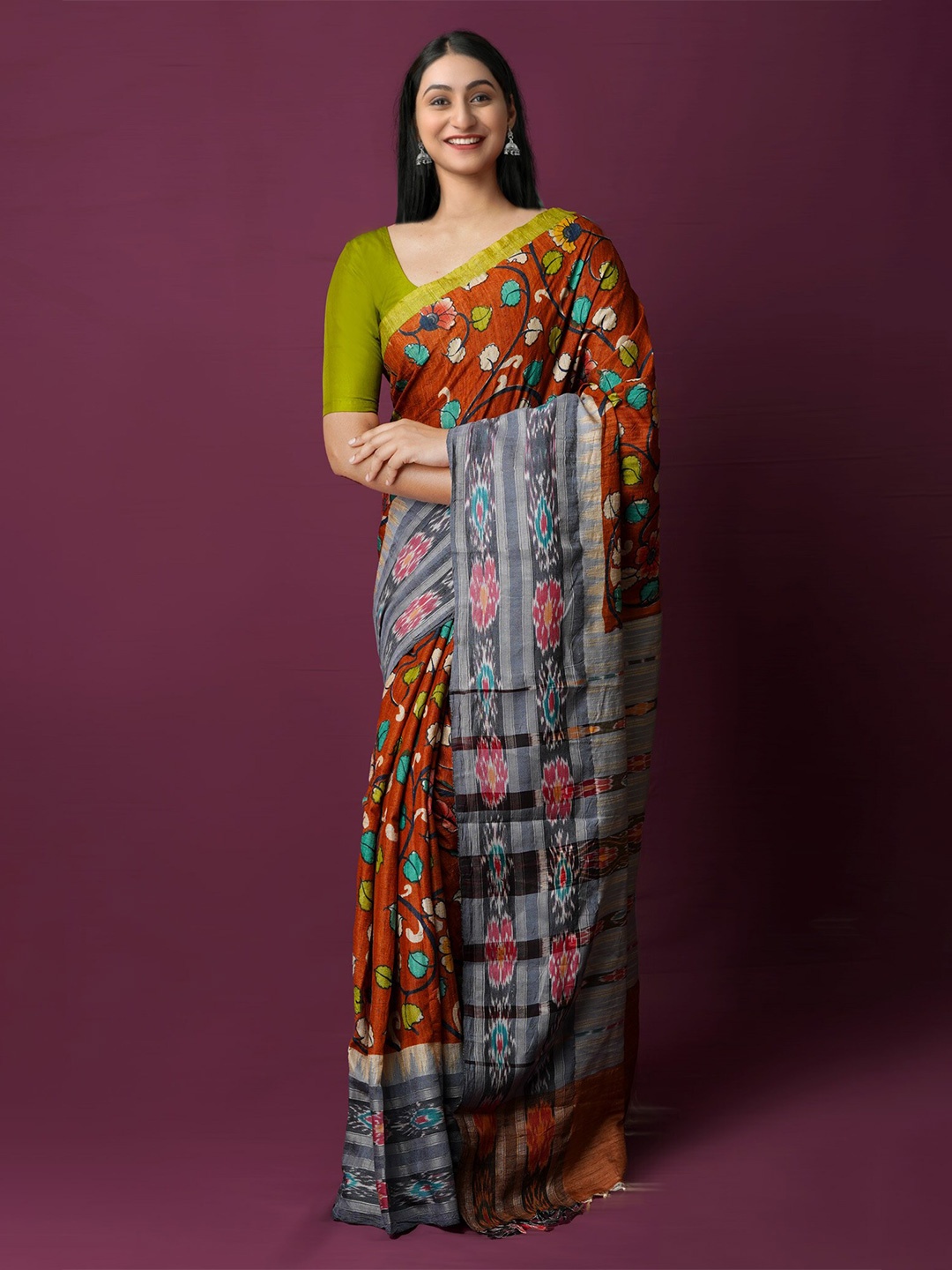 

Unnati Silks Ethnic Motifs Jute Silk Handloom Tussar Saree, Orange