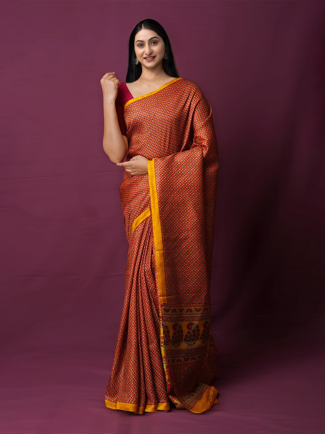 

Unnati Silks Ethnic Motifs Printed Pure Silk Handloom Mysore Silk Saree, Red