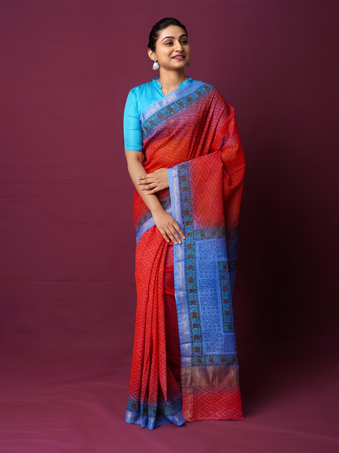 

Unnati Silks Ethnic Motifs Printed Zari Silk Cotton Chanderi Saree, Red