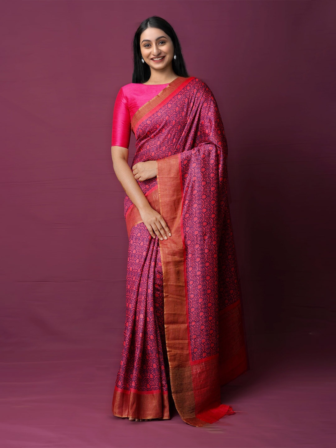 

Unnati Silks Ethnic Motifs Printed Pure Silk Handloom Block Print Saree, Purple